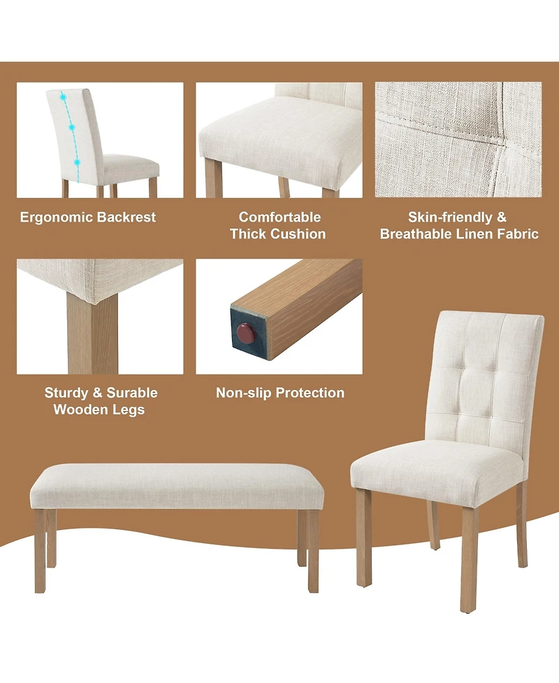 sumyeg 6-Piece Modern Dining Set with Rectangle Kitchen Table 4 Upholstered Chairs and Bench