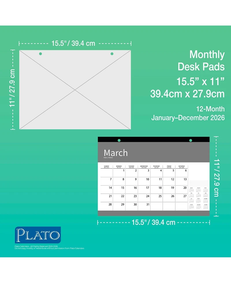 BrownTrout Plato Large Print | 2026 15.5 x 11 Inch Monthly Desk Pad Calendar