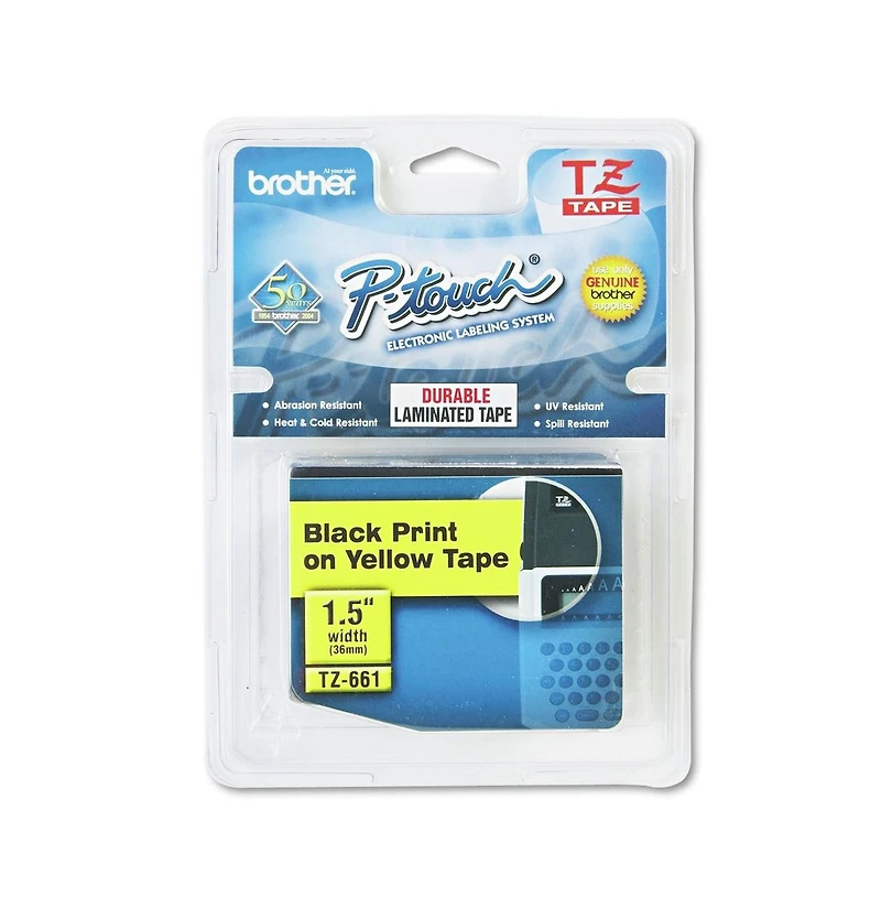 Brother P-Touch TZE661 1.4 in. x 26.2 ft. TZe Standard Adhesive Laminated Labeling Tape - Black on Yellow