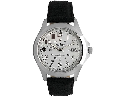 Peugeot Men 40mm Military Dial Calendar Watch with Canvas Strap