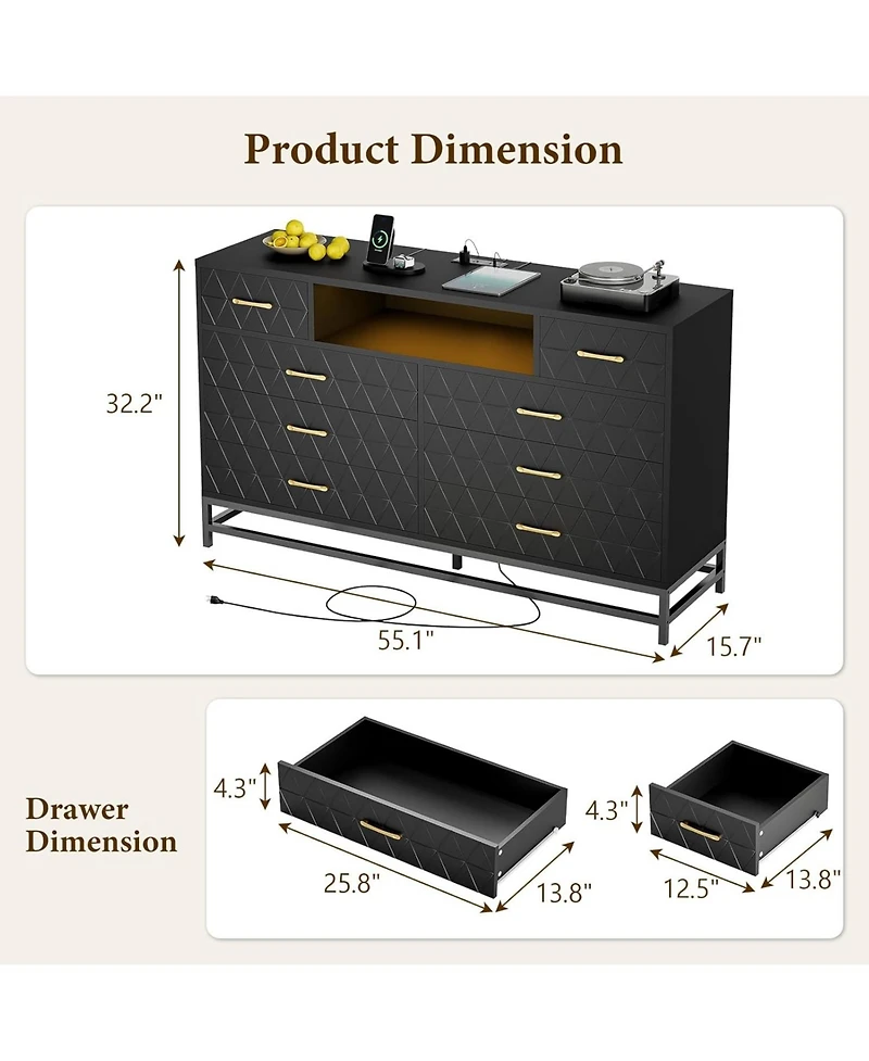 Gaomon 8 Drawer Wood Dresser for Bedroom, Wooden Dresser with Led Light