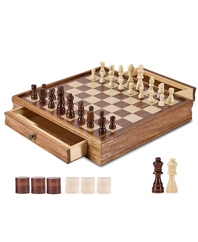 Mecale Solid Wood 15-Inch 2-in-1 Chess and Checkers Set with Storage Drawer, Weighted Pieces and Extra Queens for Adults and Kids