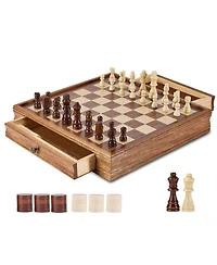Mecale Solid Wood 15-Inch 2-in-1 Chess and Checkers Set with Storage Drawer, Weighted Pieces and Extra Queens for Adults and Kids