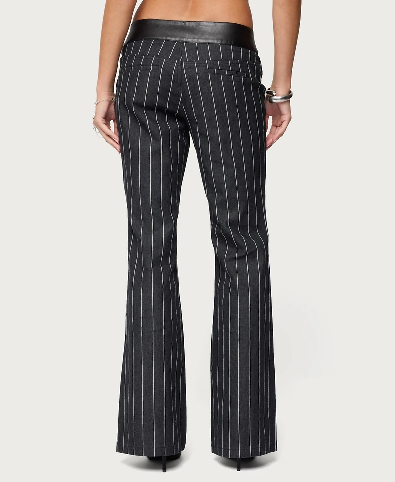 Edikted Women's Pinstripe & Faux Leather Low Rise Flared Jeans