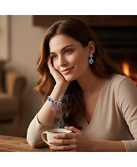 Bling Jewelry Art Deco Crown Halo Oval Blue Cubic Zirconia Cz Tennis Bracelet & Drop Earrings Jewelry Set Silver Plated