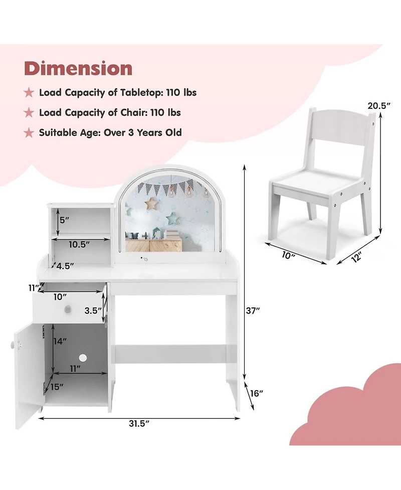 Kid Vanity Table Chair Set 2-Color Led Lights Large Drawer Shelf Cabinet