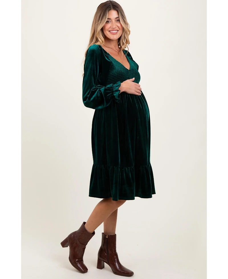 Pinkblush Maternity Forest Green Velvet Smocked Long Sleeve Dress