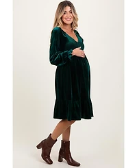 Pinkblush Maternity Forest Green Velvet Smocked Long Sleeve Dress