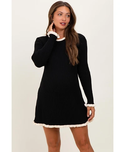 Pinkblush Maternity Black Ribbed Knit Contrast Ruffle Trim Mini Dress