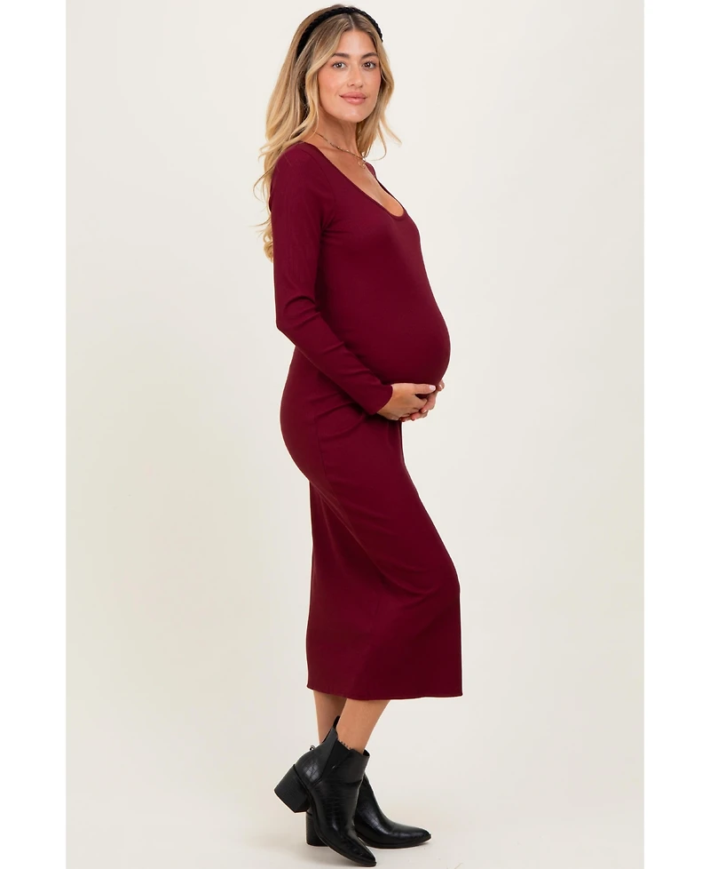 Pinkblush Maternity Burgundy Scoop Neck Long Sleeve Midi Dress