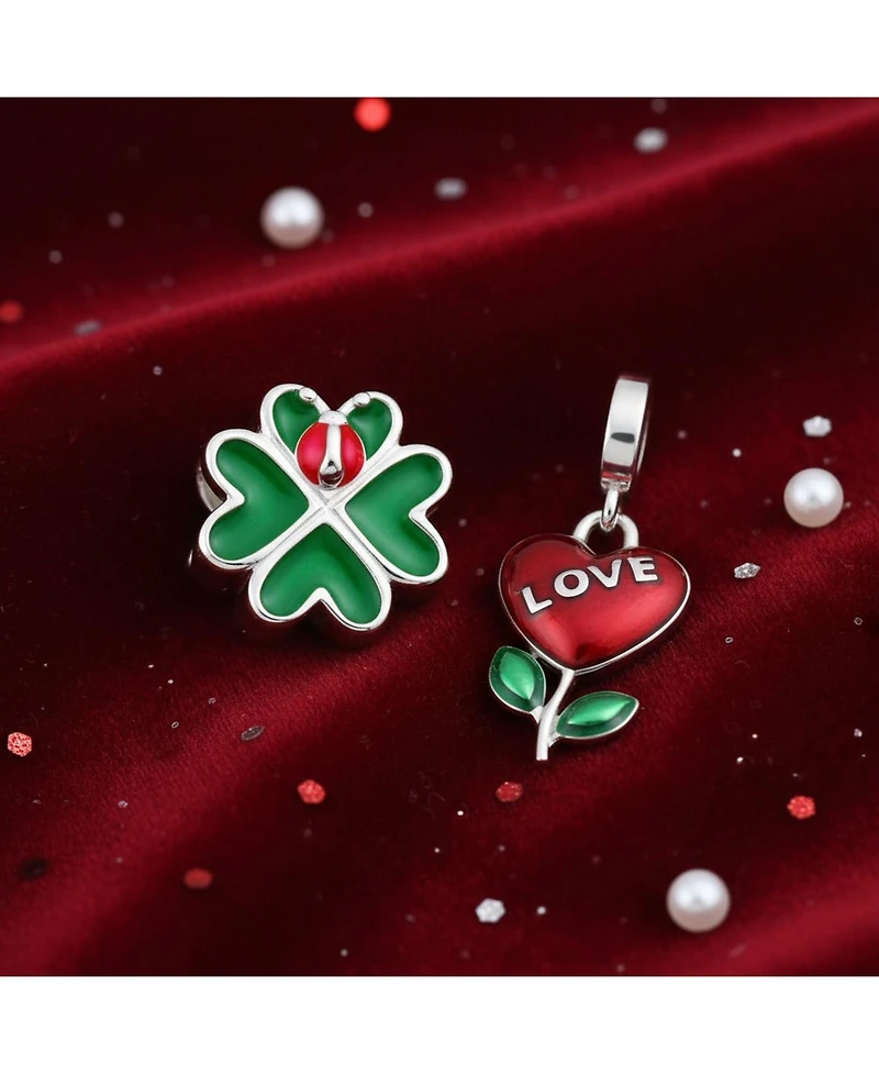 Bling Jewelry Set of 2 Love Grows Red Flower Heart Dangle & 3D Red Lady Bug Green Heart Clover Charm Bead Enamel Sterling Silver