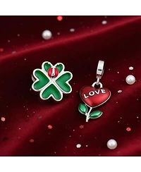 Bling Jewelry Set of 2 Love Grows Red Flower Heart Dangle & 3D Red Lady Bug Green Heart Clover Charm Bead Enamel Sterling Silver