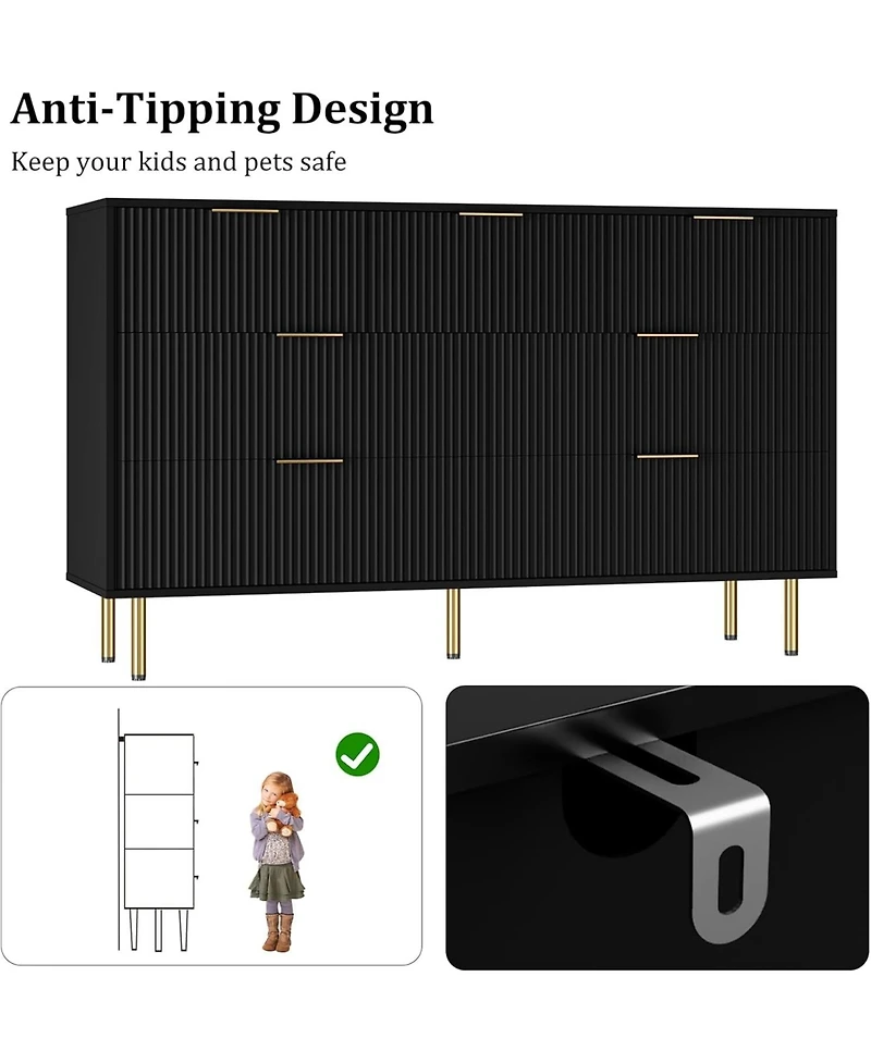 7 Drawer Fluted Dresser for Bedroom, Chest with Gold Handle, Modern Storage Organizer for Closet, Hallway