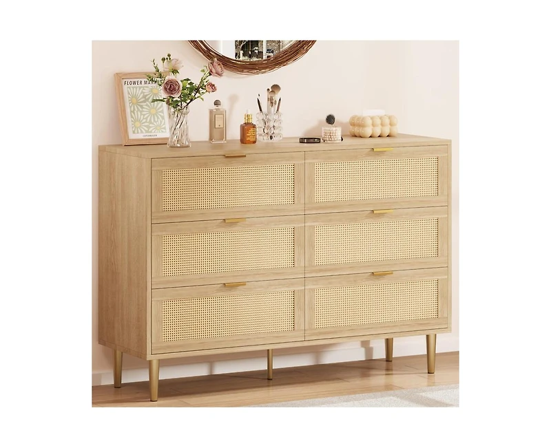 Natural Rattan 6 Drawer Dresser for Bedroom