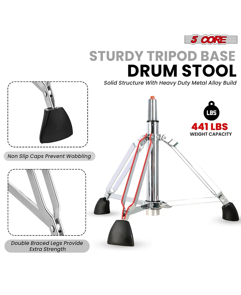 5 Core Drum Throne w Backrest 4" Padded Stool Airlift Adjustable 25.5" Drummer Chair 441Lb Capacity