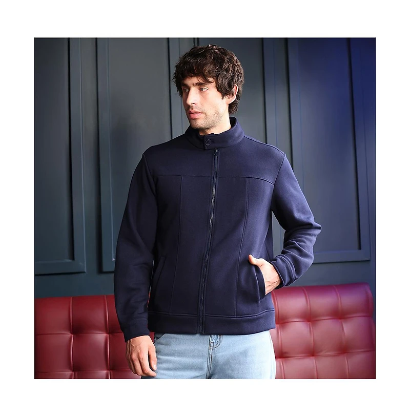 Campus Sutra Men's Navy Blue Panel-Stitch Knit Sweatshirt
