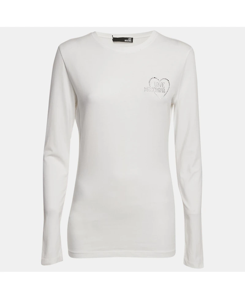Pre-Owned Love Moschino Women's Logo Rhinestone Jersey Long Sleeve T-Shirt