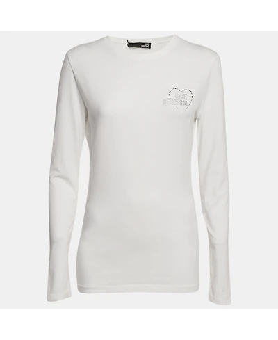Pre-Owned Love Moschino Women's Logo Rhinestone Jersey Long Sleeve T-Shirt