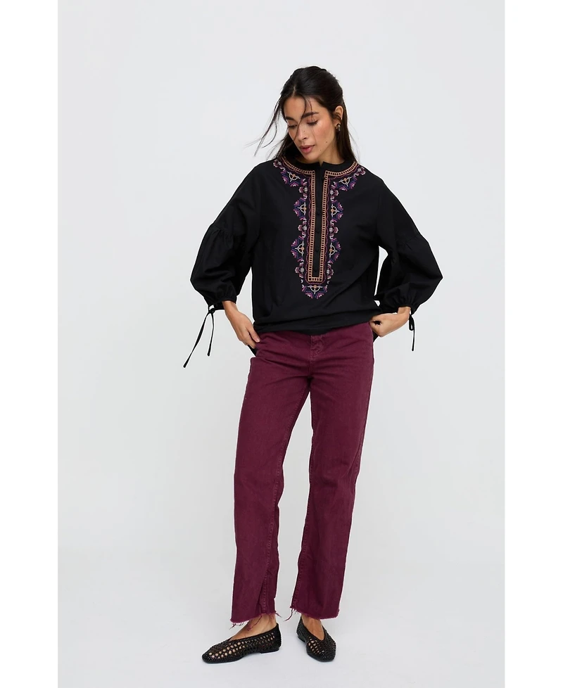 Raffya Women's Anai Half Placket Embroidered Blouse