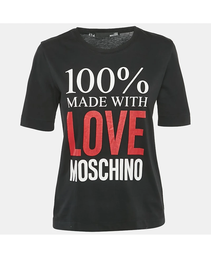 Pre-Owned Love Moschino Women's Black 100% Made With Love Logo Print Cotton T-Shirt