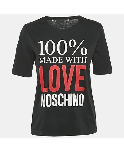 Pre-Owned Love Moschino Women's Black 100% Made With Love Logo Print Cotton T-Shirt