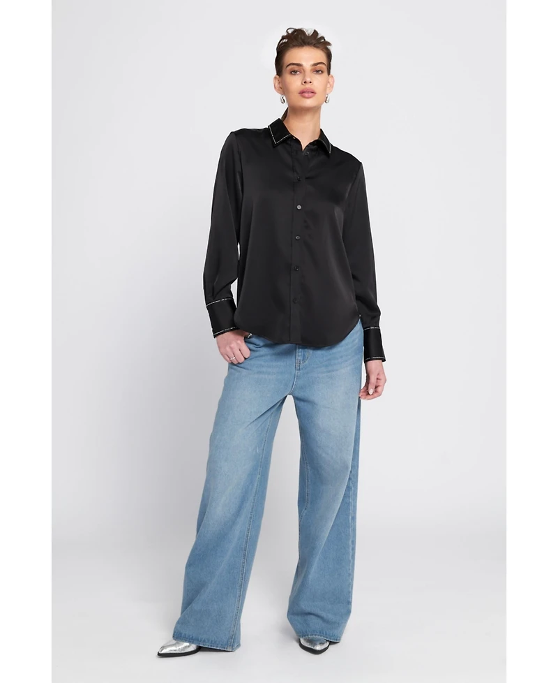 Elle Collection Women's Sparkle Trim Satin Shirt Button Down Top