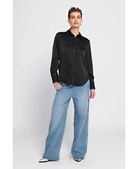 Elle Collection Women's Sparkle Trim Satin Shirt Button Down Top