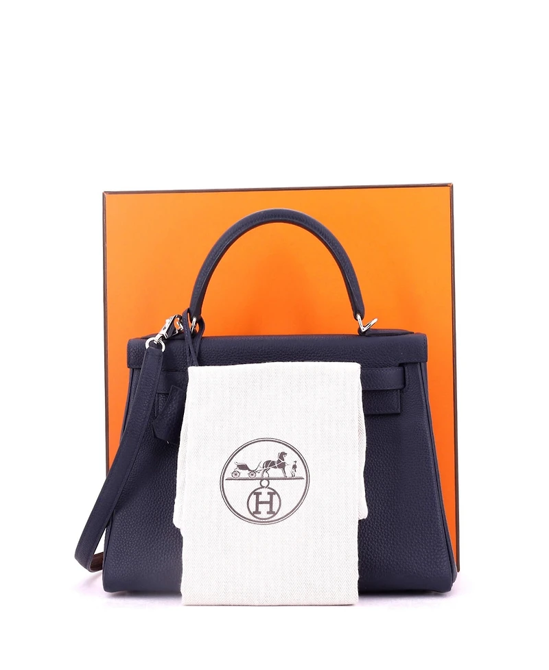Pre-Owned Hermes Kelly 28 Handbag Blue Togo with Palladium Hardware