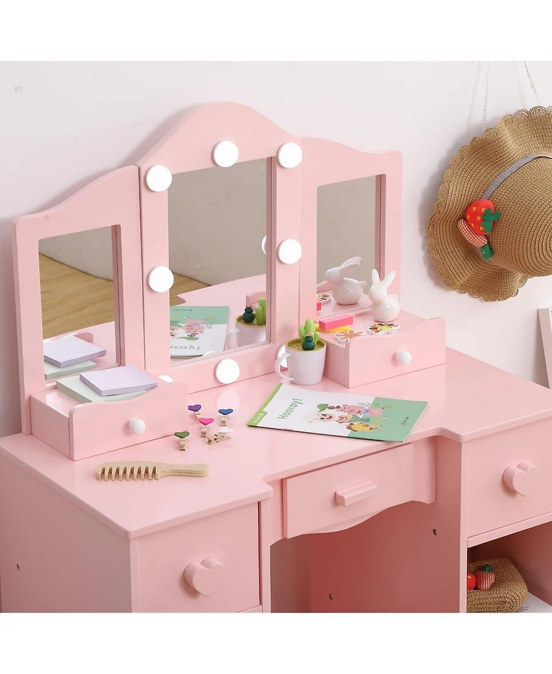 Gaomon 2-in-1 Wooden Kids Vanity Set,Tri-Fold Mirror, Stool & Drawer