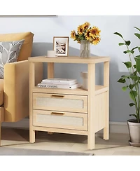 Gaomon Nightstands Set of 2,Rattan Nightstand with Drawers, Farmhouse Bedside Table with Open Wood Shelf,Narrow Side Table, Natural Oak