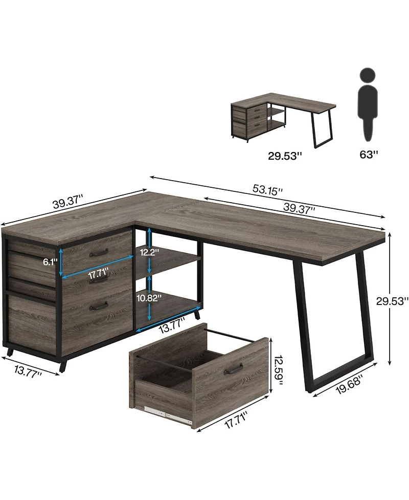 Tribesigns 53" W × 19.7" Wood L-Shaped Desk with 3 Drawers, Reversible Corner Home Office Computer Shelves
