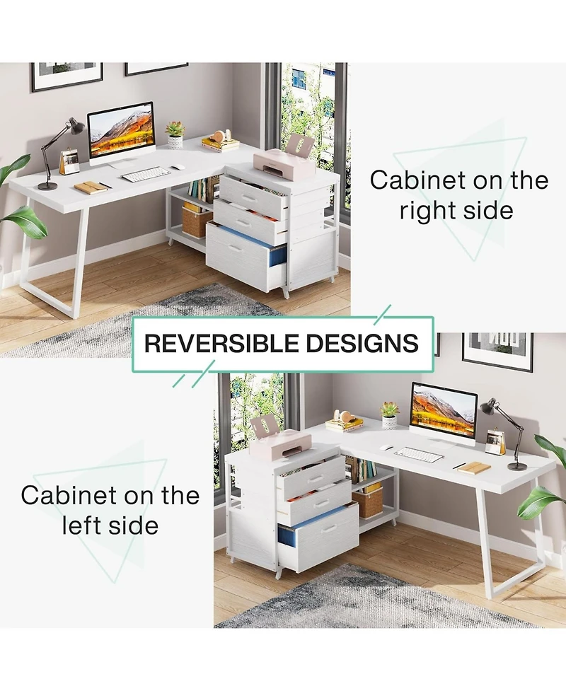 Tribesigns 53" W × 19.7" Wood L-Shaped Desk with 3 Drawers, Reversible Corner Home Office Computer Shelves