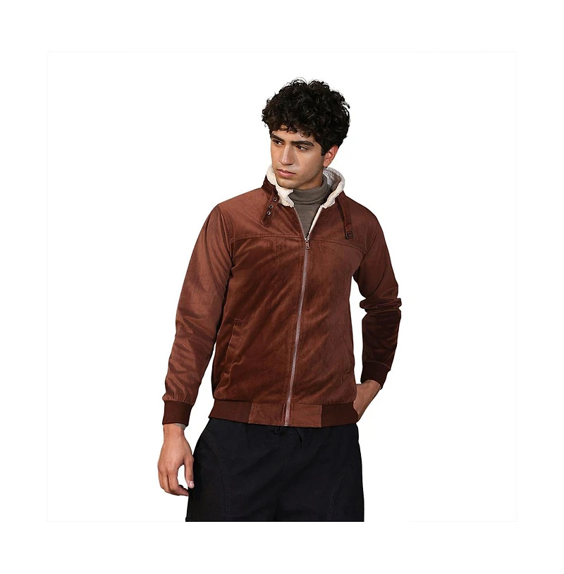 Campus Sutra Men's Contrast Sherpa-Lined Suede Bomber Jacket