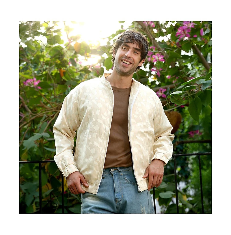 Campus Sutra Men's Cream White Mozaic-Jacquard Bomber Jacket