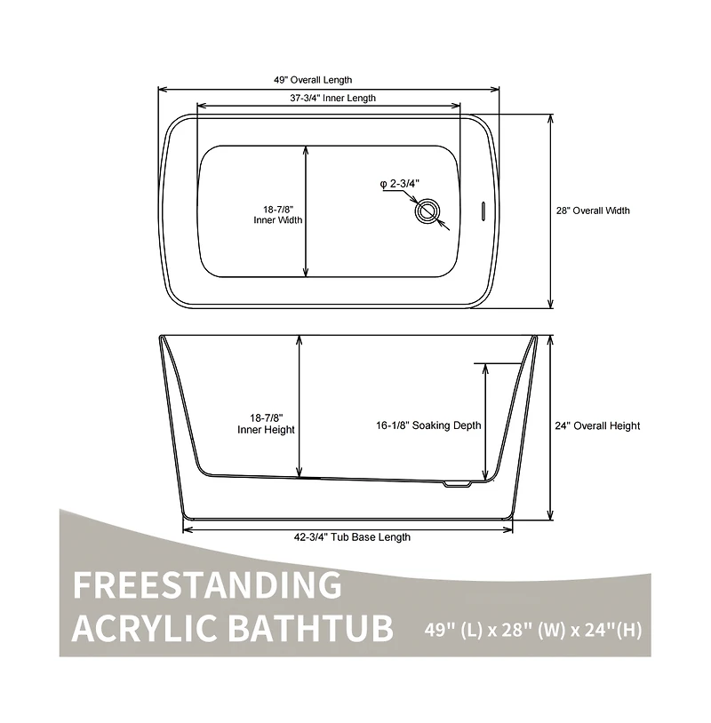Casainc Acrylic Freestanding Soaking Tub with Chrome Overflow
