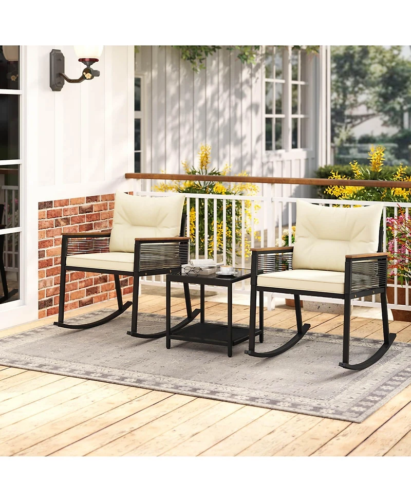Costway 3 Pcs Outdoor Rocking Bistro Set with 2-Tier Coffee Table, Acacia Wood Armrests