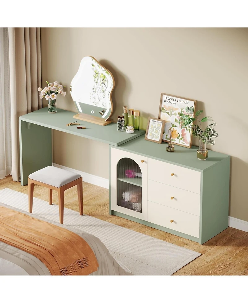 Tribesigns Retractable Makeup Vanity Desk with 3 Drawers & Cabinet, Corner Dressing Table for Bedroom, Walnut & White (No Mirror)