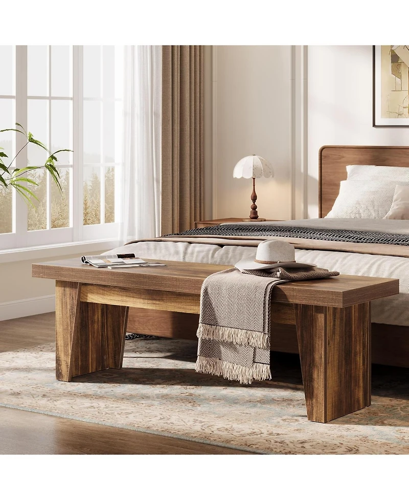 Tribesigns 55" Wooden Entryway Bench, Farmhouse Long Entry Seat, Indoor End of Bed Stool with Storage Capability, Dark Brown