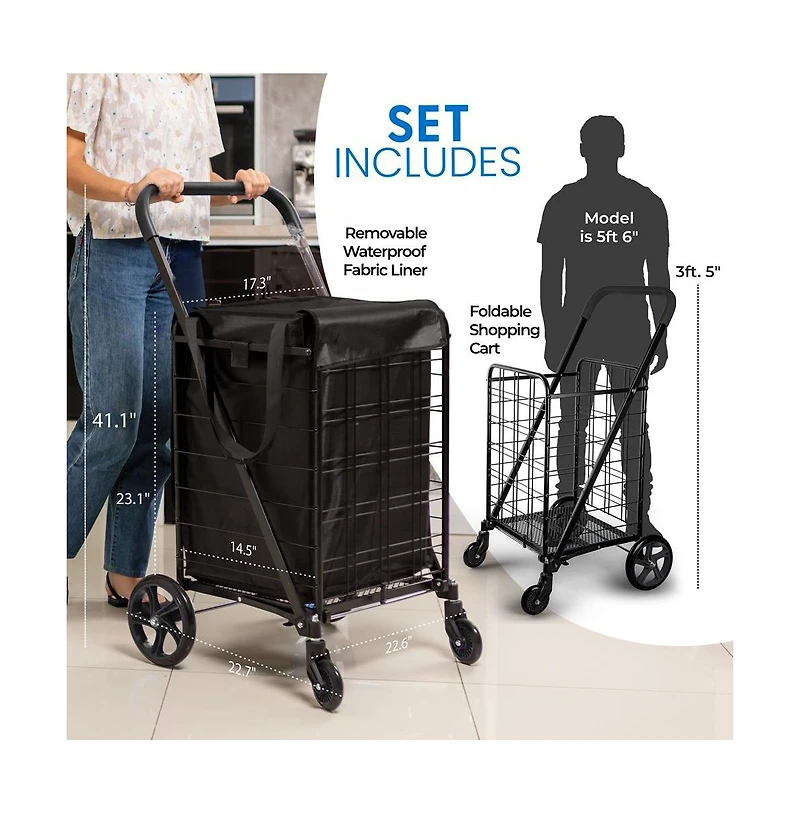 SereneLife Folding Utility Cart with Liner, Heavy-Duty, 360° Swivel Wheels, 70 lb Capacity, Portable for Groceries, Laundry & More (Blue)