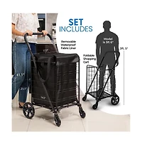 SereneLife Folding Utility Cart with Liner, Heavy-Duty, 360° Swivel Wheels, 70 lb Capacity, Portable for Groceries, Laundry & More (Blue)