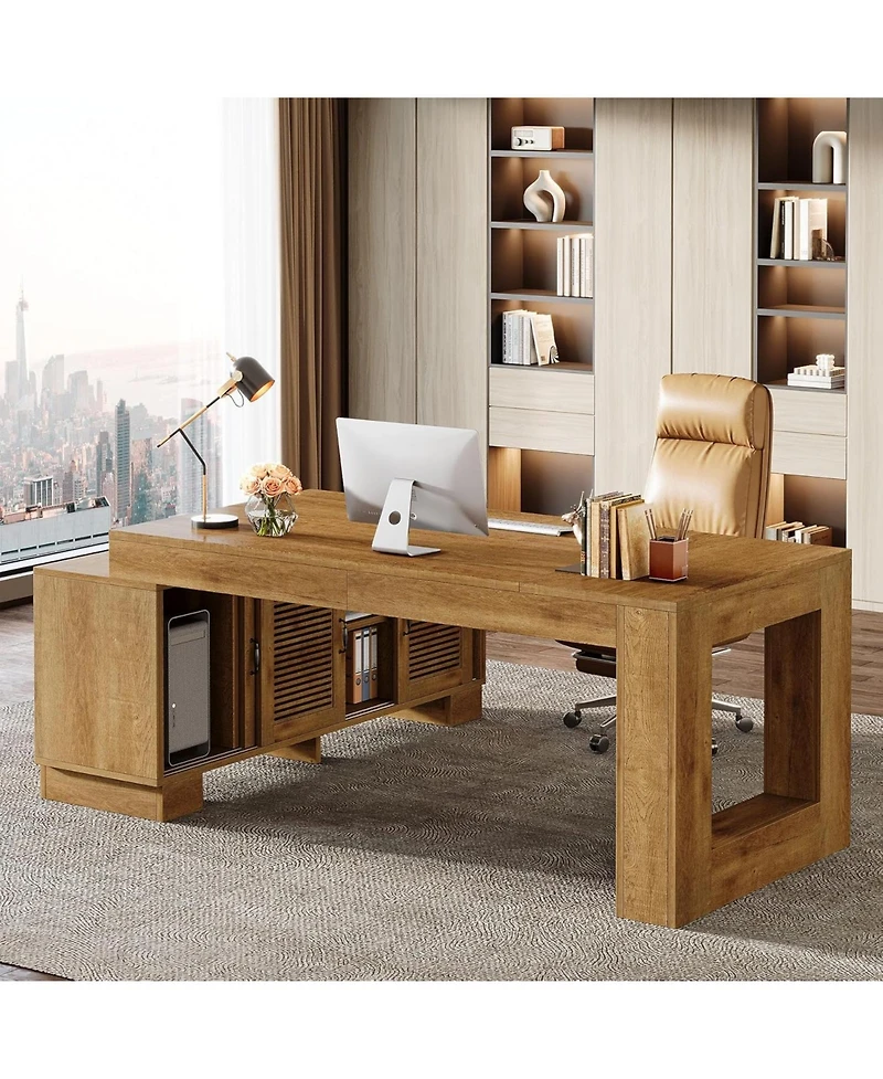 Tribesigns 63-Inch L-Shaped Wood Executive Desk with Storage Cabinets & 2-Tier Shelf, Modern Business Workstation