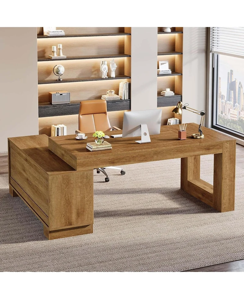 Tribesigns 63-Inch L-Shaped Wood Executive Desk with Storage Cabinets & 2-Tier Shelf, Modern Business Workstation