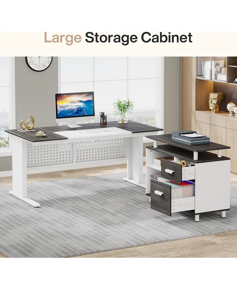 Tribesigns 63" L-Shaped Executive Desk with File Cabinet, Drawers & Storage Shelves – Office Desk