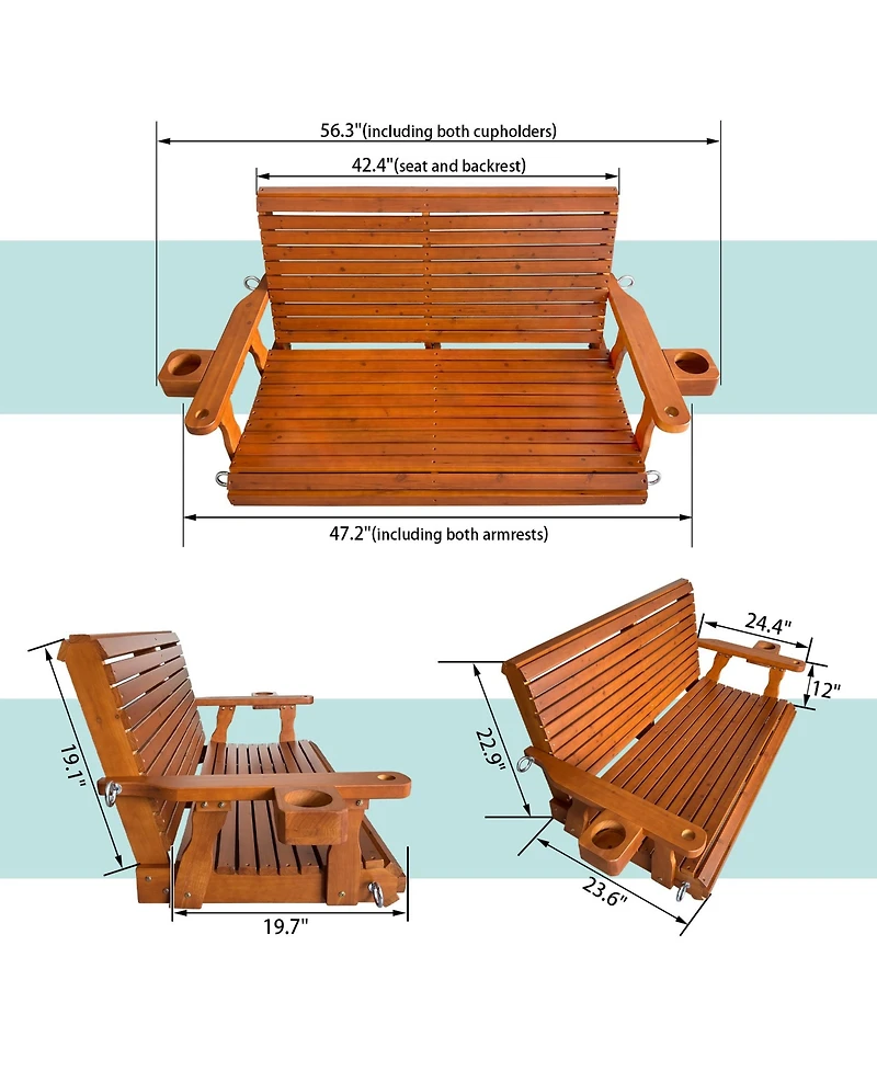 Wooden Porch Swing 2-Seater, Bench with Cupholders, Hanging Chains and 7mm Springs, Heavy Duty 800 Lbs, for Outdoor Patio Garden Yard, 4 ft