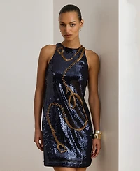 Lauren Ralph Women's Belting-Motif Sequined Cocktail Dress