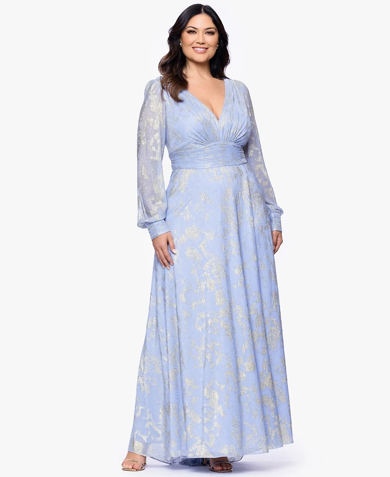 Betsy & Adam Plus V-Neck Foil Mesh A-Line Dress