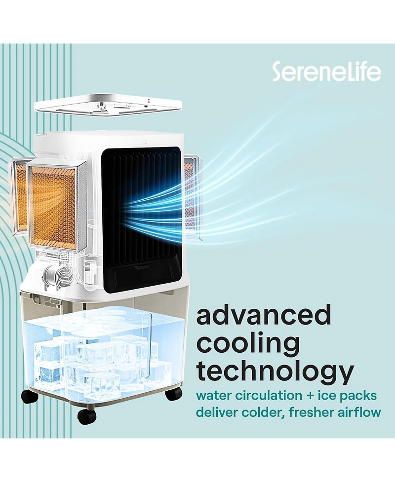 SereneLife Portable Swamp Cooler Air Conditioner - 2500 Cfm Airflow, 8 Gallon Water Tank Portable Evaporative Air Cooler for Room & Outdoors.