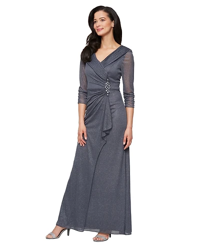 Alex Evenings Women's Glitter Mesh Long V-Neck Gown