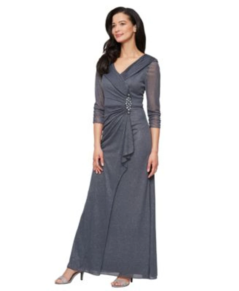 Alex Evenings Womens Glitter Mesh Long V Neck Gown