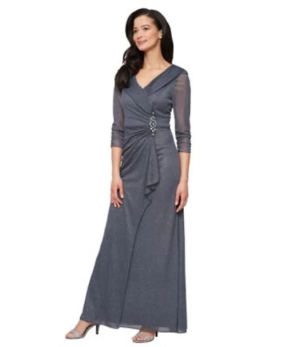 Alex Evenings Womens Glitter Mesh Long V Neck Gown